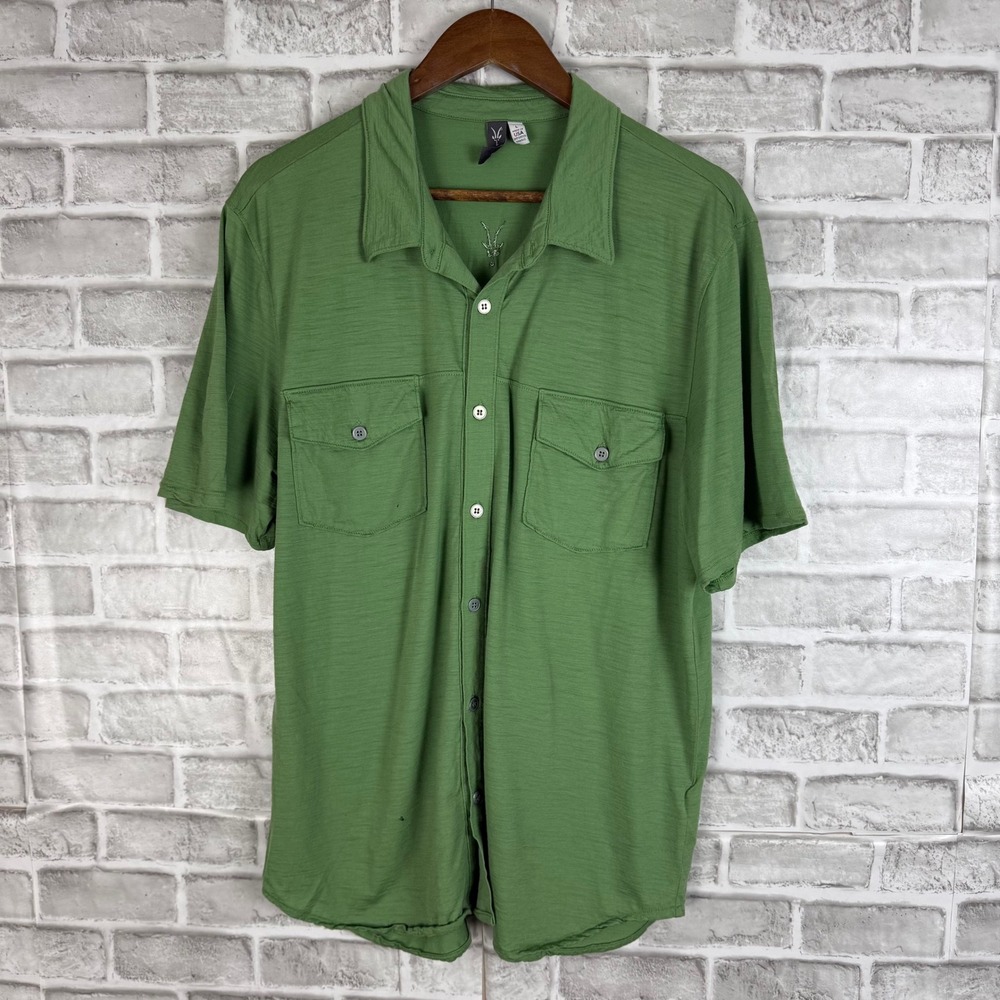 Ibex Mens Merino Wool Short Sleeve Button Up Shirt Green Slub Knit Size L USA